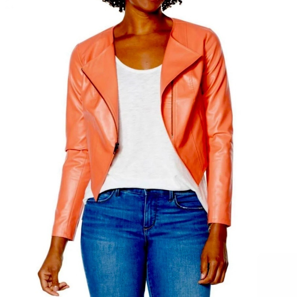 G by Giuliana Faux Leather Orange Moto Jacket Zip Up Cropped Asymmetrical Sz S